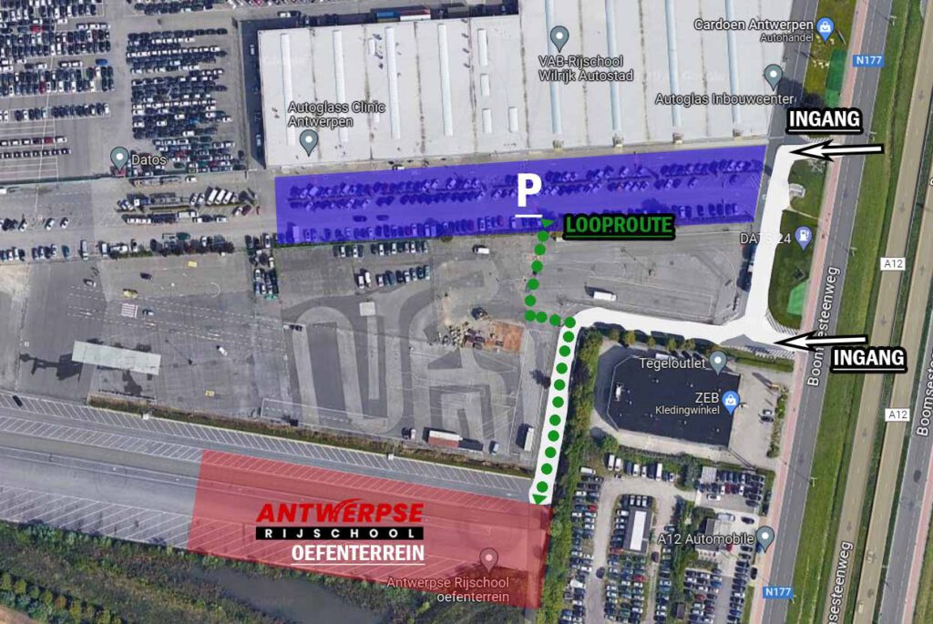 plattegrond oefenterrein terugkommoment Antwerpse Rijschool