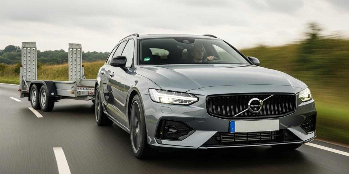 De Meest Gemaakte Fouten bij het Examen (en Gebruik) van Rijbewijs BE in België – En Hoe Je Ze Vermijdt 1 Moderne auto die correct een grote aanhangwagen trekt op een Belgische weg, wat de vereiste vaardigheid voor een rijbewijs BE toont | AntwerpseRijschool
